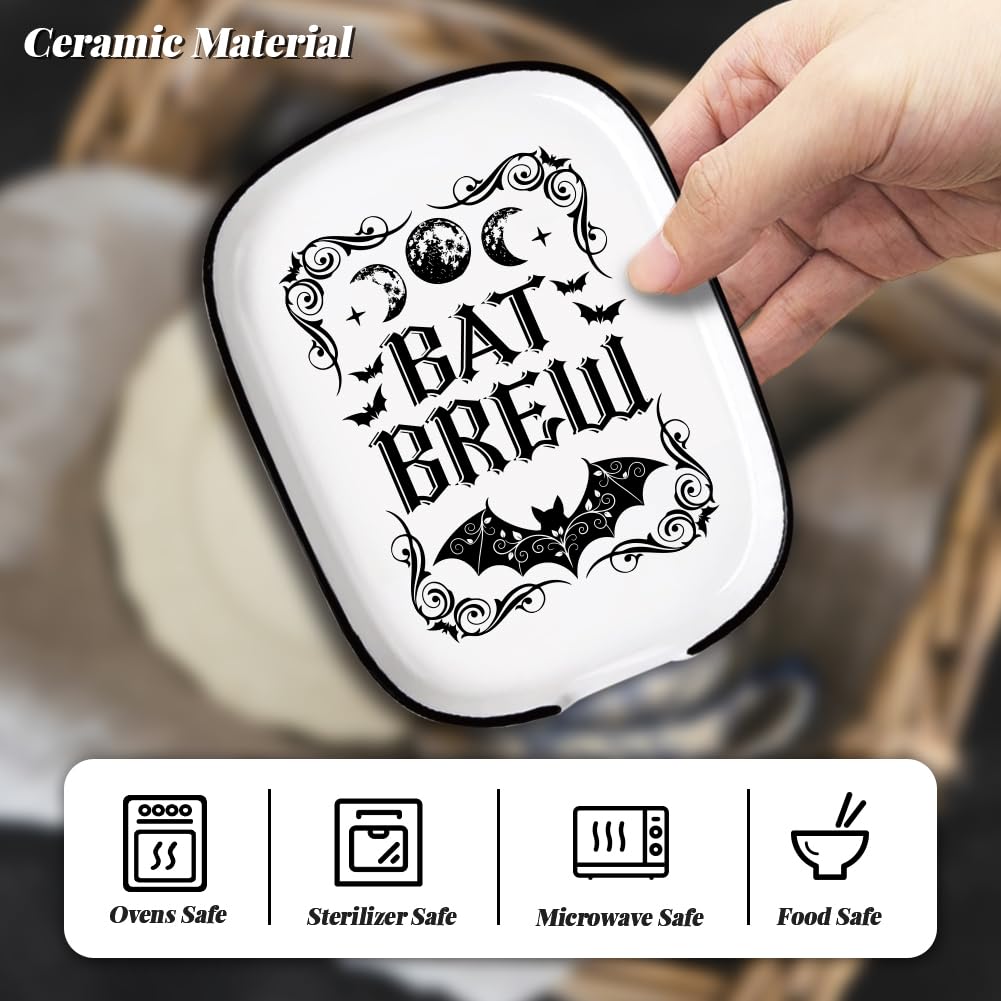 ANATTASOUL Ceramic Spoon Rest for Stove Top Divination Bat and Moon Phases Pattern 4.52"x5.9" Large Spoon Holder, Heat Resistant Utensil Holder Kitchen Counter Decor for Cooking Lover