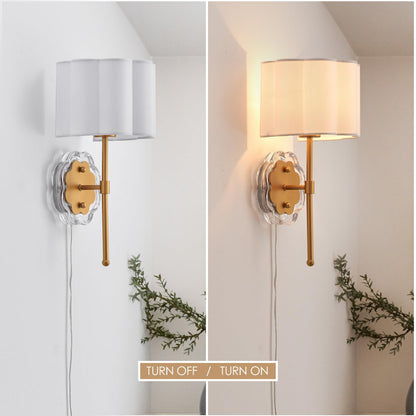 MhyTogn Modern Plug-in Wall Sconce Set of 2, with Creamy-White Fabric Flower and Antique Brass Brush Paint Finish Shade for Vanity Stairway Fireplace Kitchen Living Room Bedside