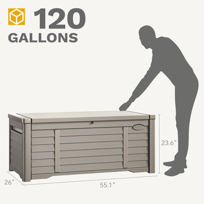 DWVO 120 Gallon Outdoor Storage Box, Large Resin Deck Box with Louver Design, Lockable Patio Storage Bin for Indoor and Outdoor Use, Pillows, Tools, and Pool Supplies -Light Brown