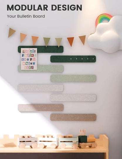 Fluxynara Cork Board Alternative Felt Strip Board 8-Pack 13"x2", Office Pin Board with 50 Push Pins, Adhesive Install for Bedroom Door & Home Office (Nordic Moss)