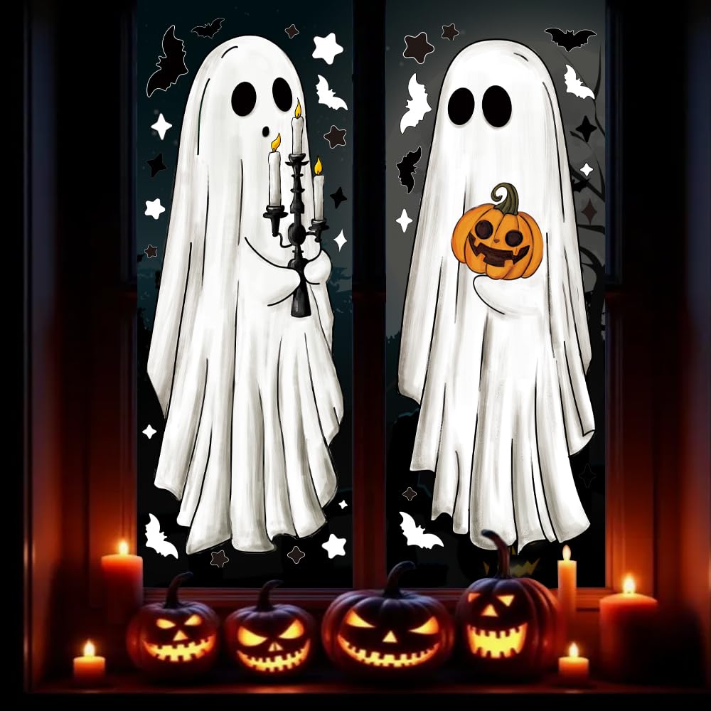 Heirloom Haven 3 Sheets Halloween Large Ghosts Window Clings,Bats Black Cat Spooky Pumpkin Window Stickers for Halloween Home Holiday Party Store Glass Decoration