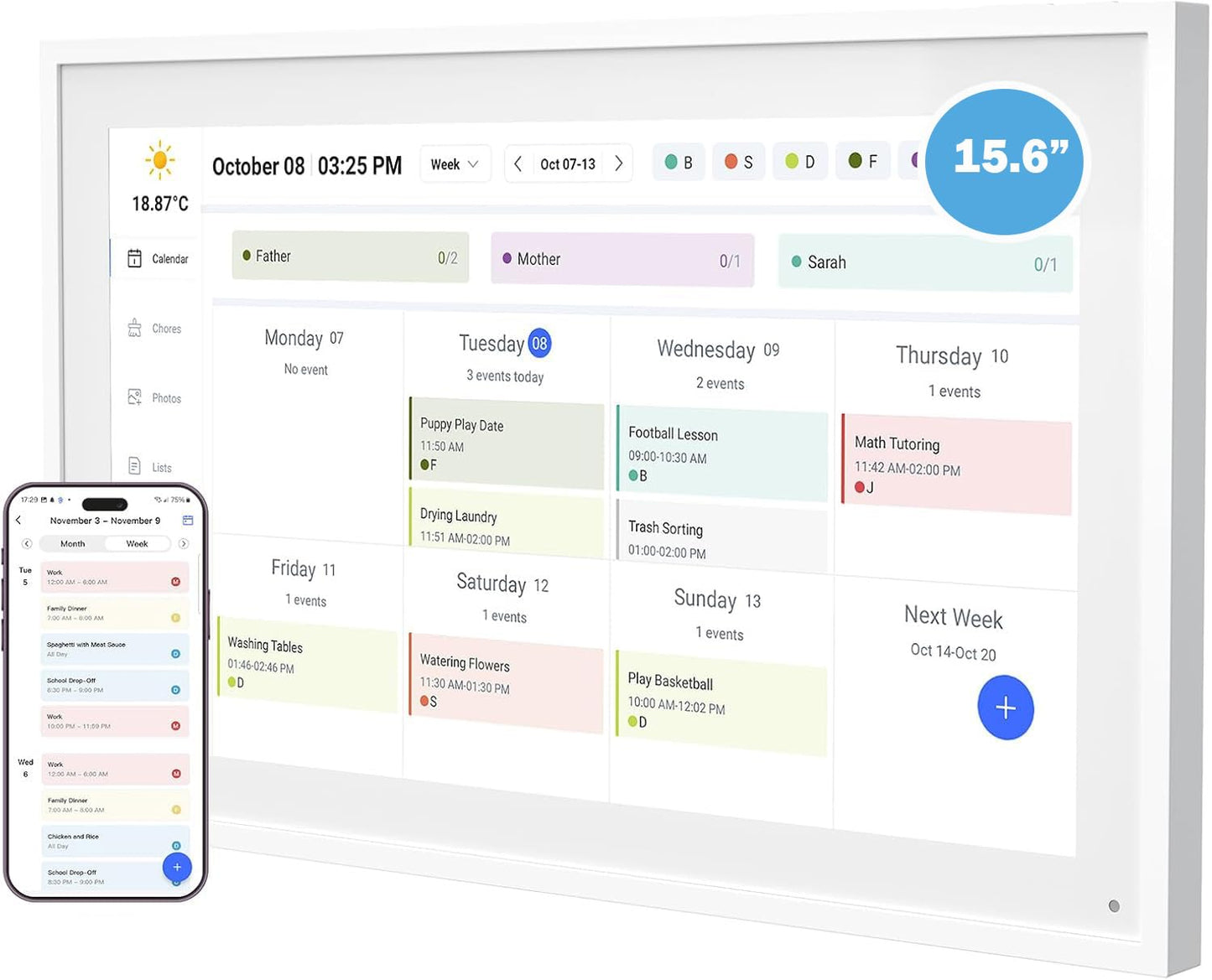 15.6 Inch Digital Calendar with Wall Mount Option, HD Touchscreen Planner, Wi-Fi sync, Color Coded Scheduling, Meal Planning, Chore Chart for Family and Home Organization