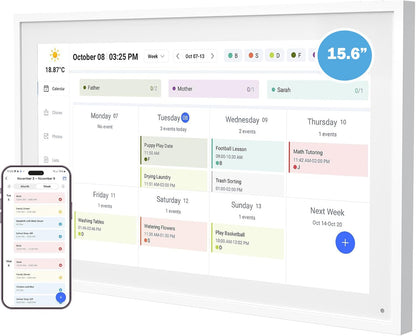 15.6 Inch Digital Calendar with Wall Mount Option, HD Touchscreen Planner, Wi-Fi sync, Color Coded Scheduling, Meal Planning, Chore Chart for Family and Home Organization