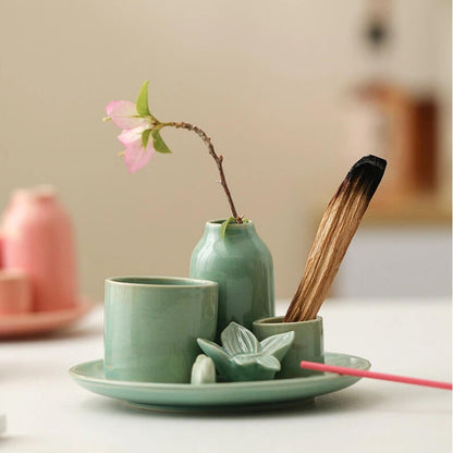 5.1 Inch 4 in 1 Ceramic Incense Holder with Ash Catcher, Sage Palo Santo Burner, Mini Vase Candle Holder for Yoga Meditation Home Decor