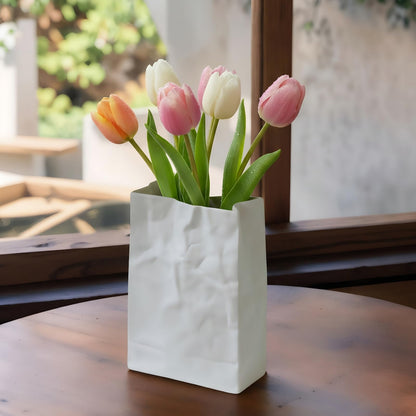 Pumtus Crinkle Paper Bag Ceramic Vase, 7.5 Inch Unique Flower Vase, White Matte Square Wide Mouth Pleated Planter, Minimalist Boho Pot for Flower Arrangement Table Centerpiece Home Office Decor