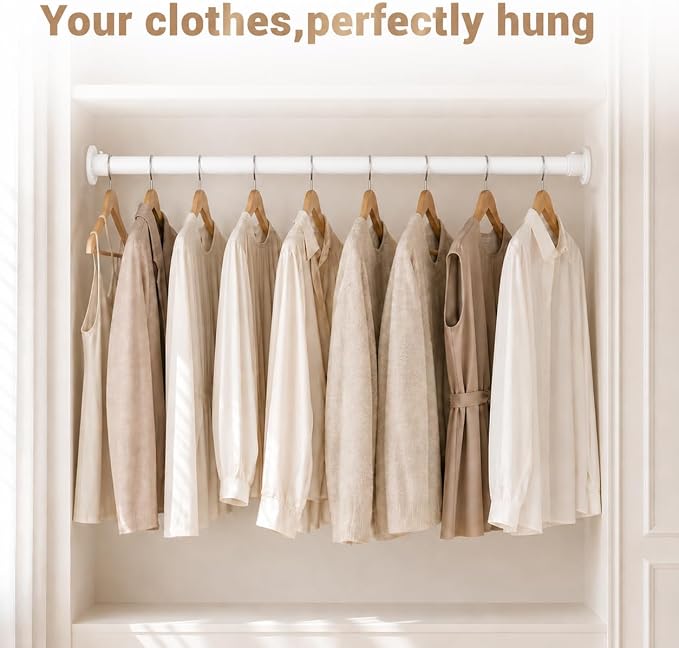 Closet Rod Adjustable 17 to 38 Inch, 1-1/4” Diameter, Closet Rods for Hanging Clothes, Stepless Metal Heavy Duty Hanging Rod for Closet Wardrobes Laundry RV (White)