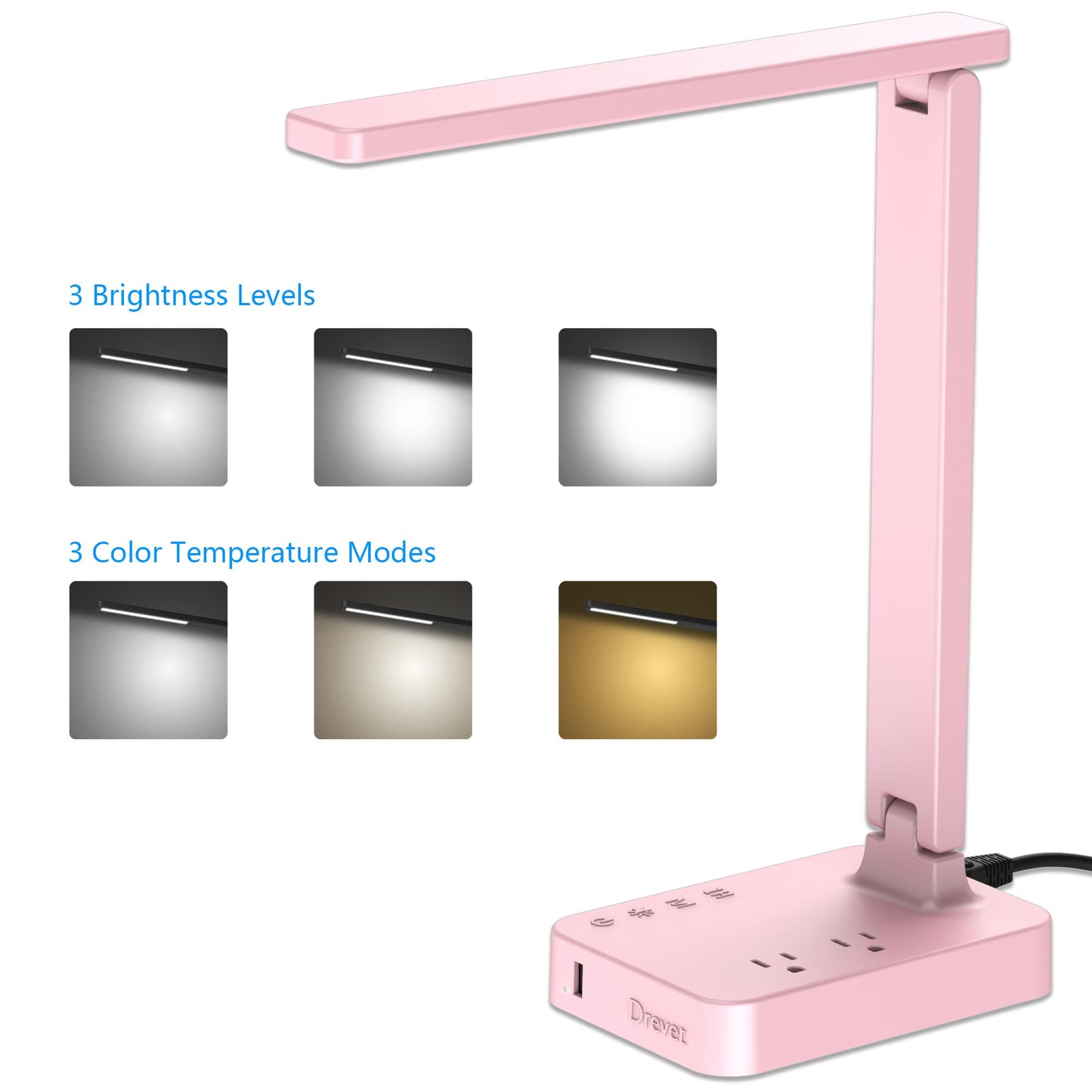 Drevet LED Desk Lamp, Desk Light with 1 USB Charging Port and 2 AC Power Outlet, 3 Lighting Modes, 3 Level Brightness,1H Timer, Touch Control, Eye-Caring Home Office Foldable Table Lamp (Pink)