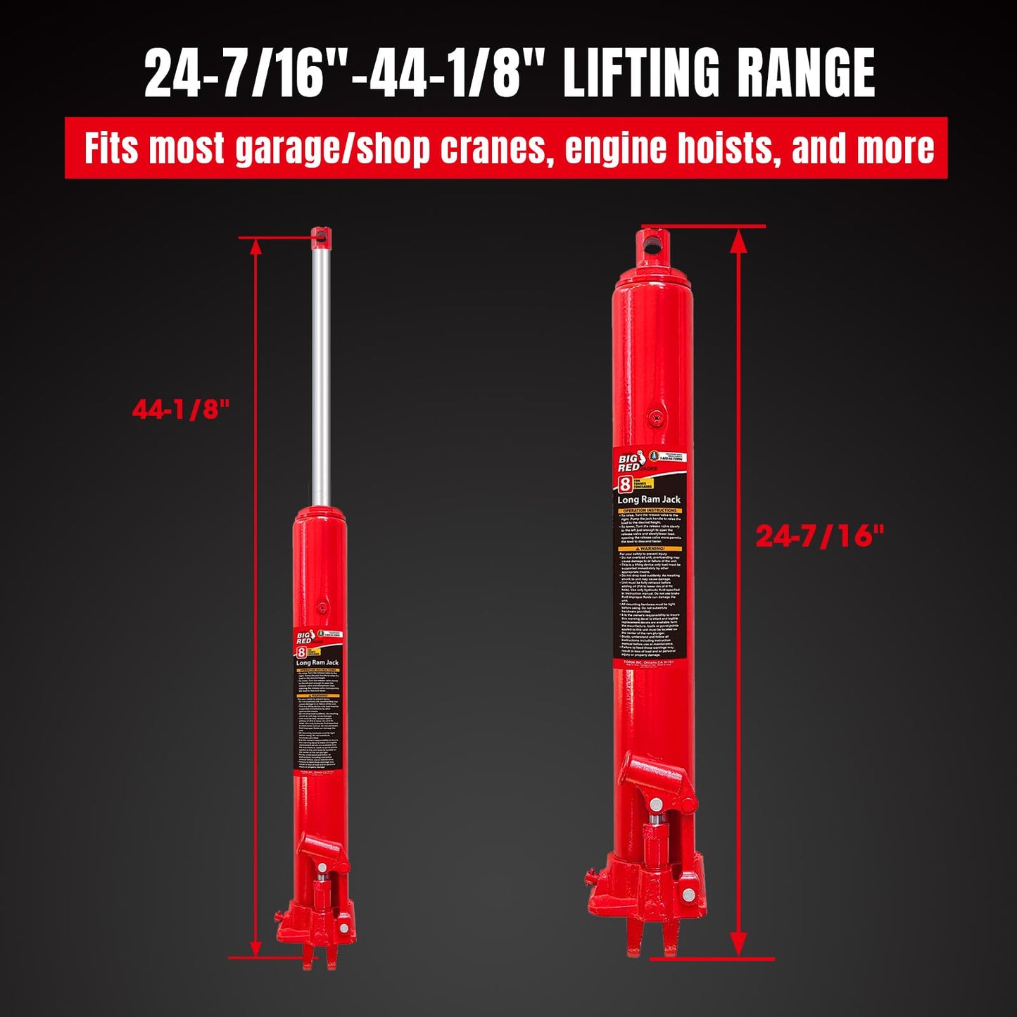 BIG RED T30806 Torin Hydraulic Long Ram Jack with Single Piston Pump and Clevis Base (Fits: Garage/Shop Cranes, Engine Hoists, and More): 8 Ton (16,000 lb) Capacity, Red