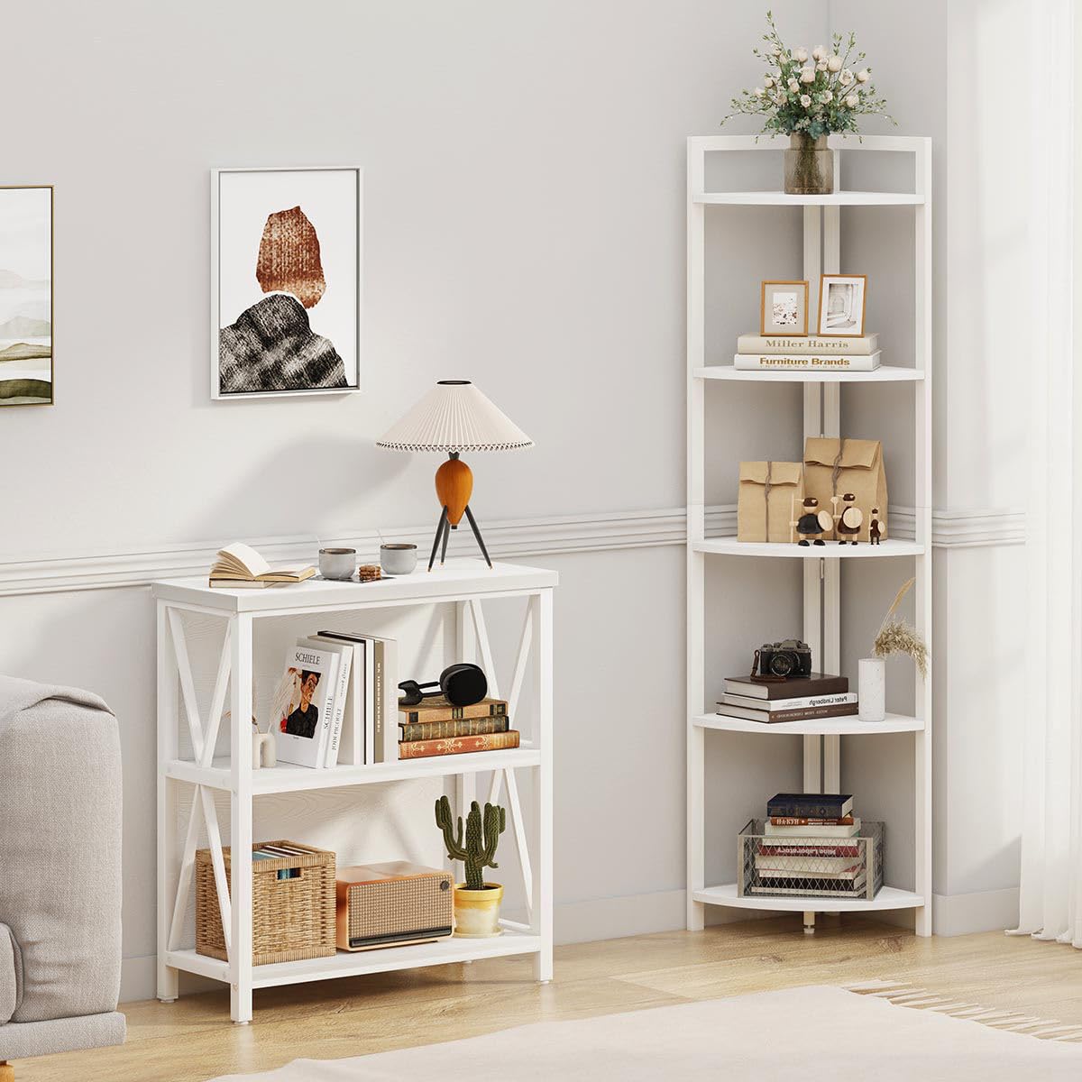 FATORRI Tall Corner Shelf, 5 Tier Modern Corner Bookshelf Stand, Wood and Metal Corner Plant Bookcase for Living Room, Home Office (White Oak)