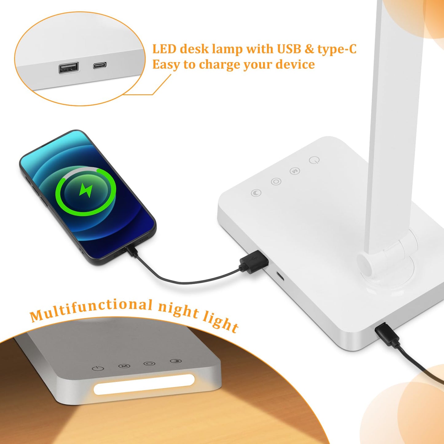 LED Desk Lamp with USB Ports,Touch Desk Lamps for Home Office with 5 Color Modes,3 Brightness Desk Light with Small Night Light,Reading Lamp Table Lamp for Bedroom Bedside Study Black （with adapter）