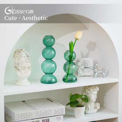 Glassseam Glass Vases for Flowers, Green Bud Vases for Decor, Cute Small Vase, Modern Aesthetic Vase, Unique Round Flower Vase, Decorative Bubble Vases for Centerpieces Wedding Table Decorations