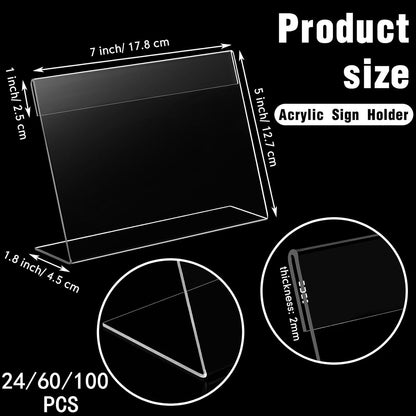 Vicenpal 60 Pcs 7x5 Inch Clear Acrylic Sign Holder Plastic L-shape Vertical Menu Stand, Picture Photo Frames, Table Paper Holder, Flyer Sign Display Stand for Restaurants, Store, Office, Wedding