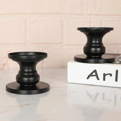 Matte Black Iron Pillar Candle Holders - Set of 2 Candlestick Holders, Metal Candle Holder for Pillar & Taper, Table Mantle Fireplace Farmhouse Home Decor