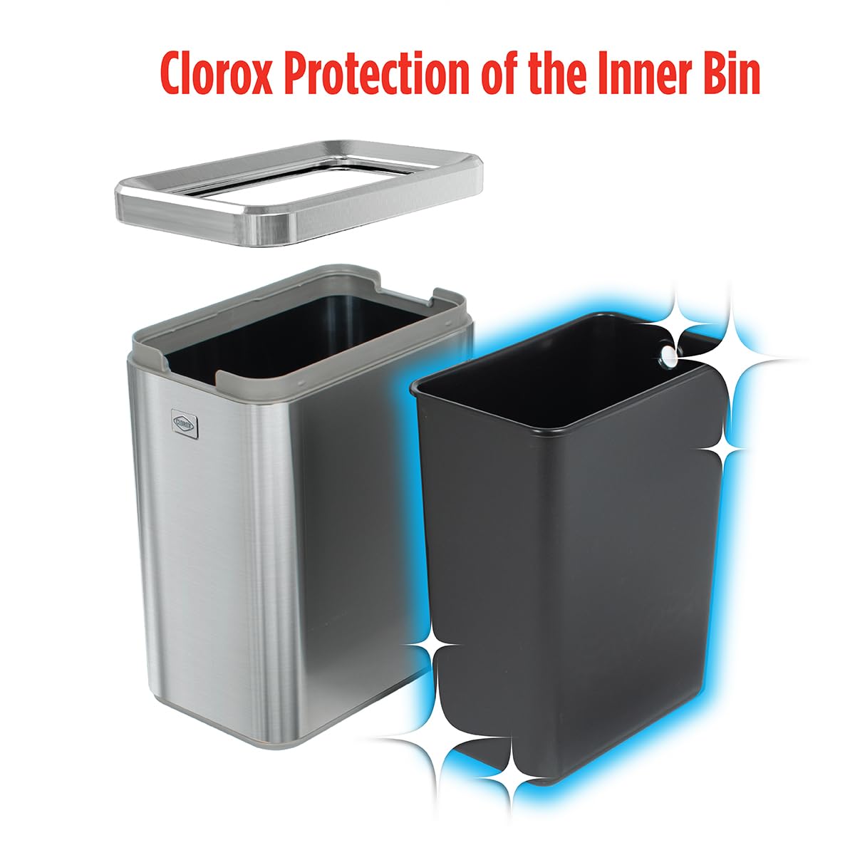 Clorox Slim Open Trash Can - 2.6 Gallon (10 Liter) Small Metal Waste Basket with Removable Bucket for Narrow Spaces - Stainless Steel Garbage Bin for Bathroom, Bedroom, or Office