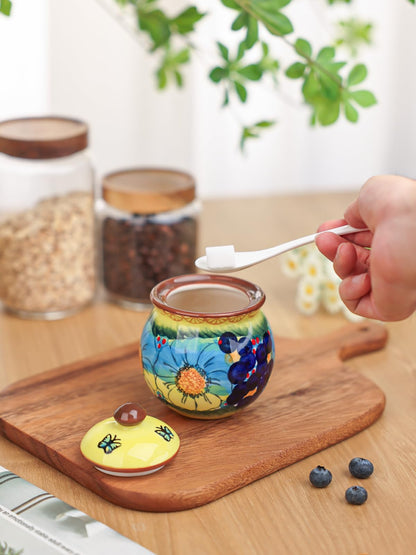 silesia Handmade Sugar Bowl with Lid and Spoon, 8 oz Hand-Painted Ceramic Sugar Jar, Floral Design Seasoning Container for sugar, honey, or spices, Dishwasher Safe (Glazed Yellow)