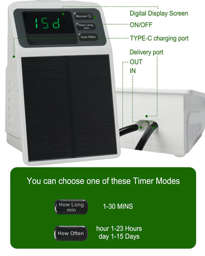 Solar Automatic Drip Irrigation System, 15 Pot Self Watering System with 2200mAh, IPX5 Waterproof, USB-C & Solar Charging, Timer Modes for Indoor/Outdoor Garden, Balcony & Patio