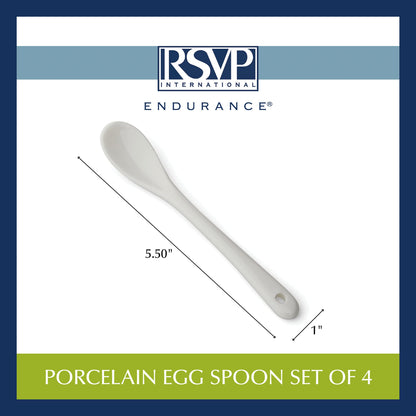 RSVP International Poached Egg Spoon, 4 Piece Set Multipurpose Use for Serving Jam, Honey or Soft Boiled Eggs, 5.5" Length, White Porcelain