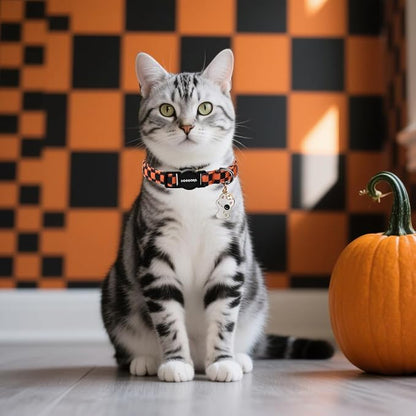 2 Pack Fall Cat Collars Breakaway with Bell, DOGWONG Safety Buckle Orange Plaid Halloween Cute Cat Collar for Girl Boy Cats，Adjustable 7-12 Inch