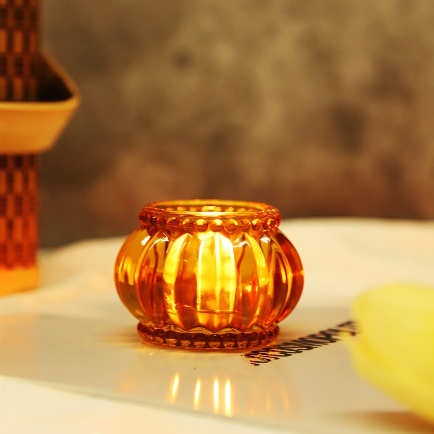 Woho Amber Tealight Candle Holder Set of 6, Tea Lights Candle Holder for Wedding Table, Glass Candle Holders Bulk for Home Decor