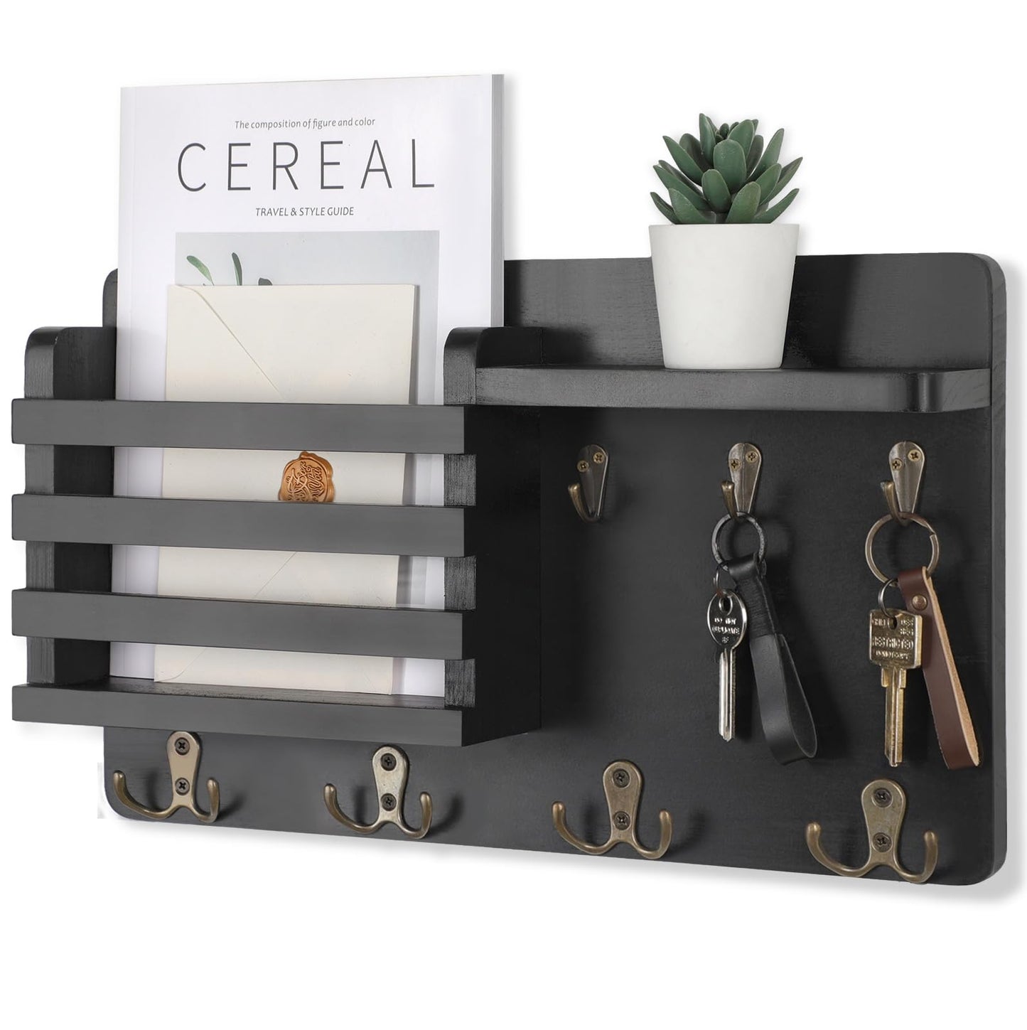 Nekon Mail Holder for Wall Mail Organizer with Key Hooks Hallway Farmhouse Decor Storage Racks with Floating Shelf and Flush Mount Hardware (16.8Inch x 10Inch x 3.2Inch)