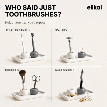 ELIKAI Ceramic Toothbrush Holders with Bathroom Tray, Countertop Organizer for Toothbrushes and Accessories, Hygienic Individual Holder Set (Grey & White, 2 Holders)