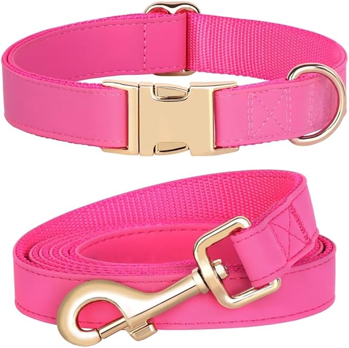 PET ARTIST Soft PU Leather Dog Collar and Leash Set, Bright & Stylish 5FT PU Leather Leash and Collar Set, Durable Pet Collars with Quick Release Metal Buckle for Large Dogs,Hot Pink,L(16-27")