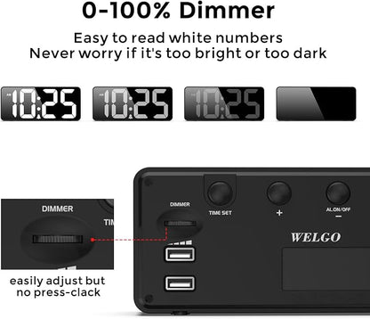 Welgo Senior Friendly Digital Alarm Clock, 7.5 Inches Large Display, Easy to Ues, Fully Range Brightness, Adjustable Volume, Convenient USB Charging Port for Bedside