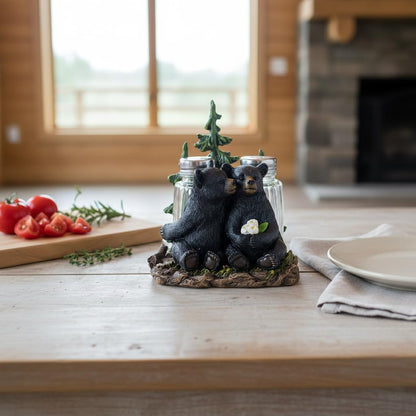 Comfy Hour 5" Black Bear Salt and Pepper Shaker Duo (Empty Bottle Set Included), Decorative Lover Bears beside Pine Tree Figurine Holder, Rustic Lodge Cabin Style Tabletop Decor, 1 Unit