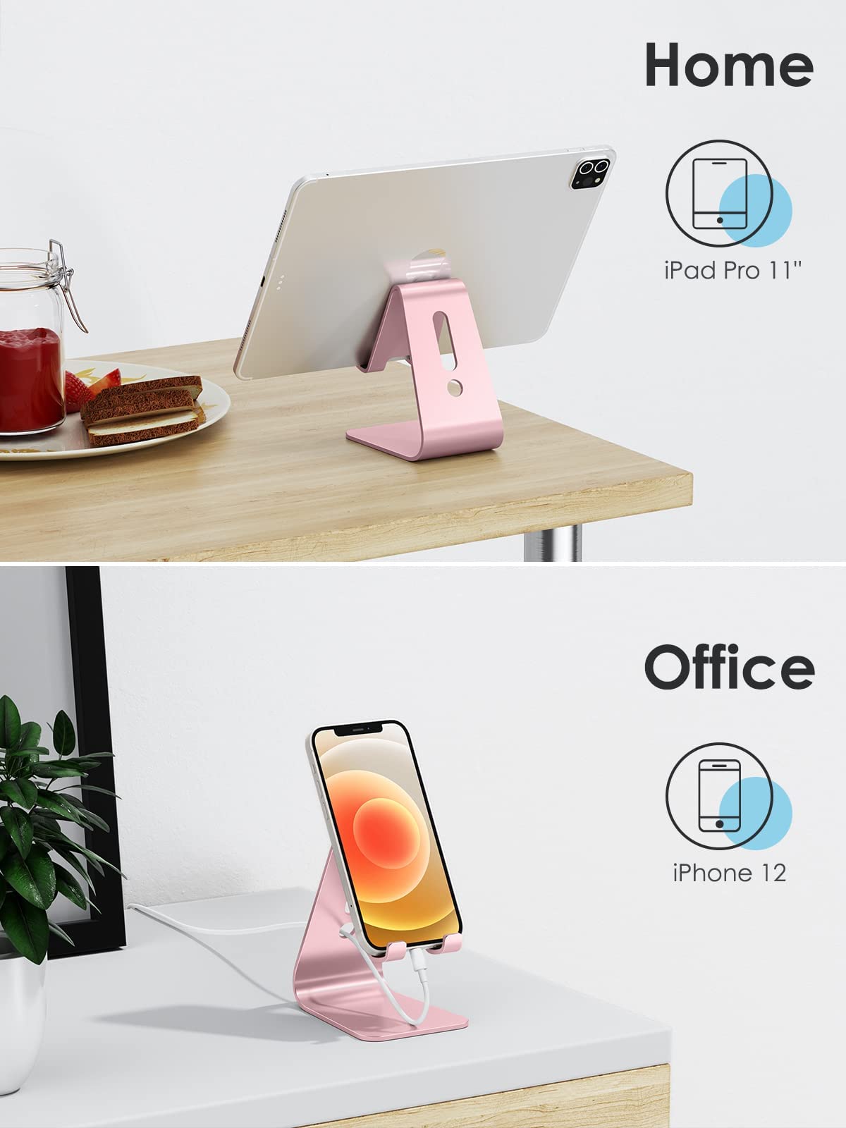 OMOTON Upgraded Aluminum Cell Phone Stand for Desk, C1 Durable Cellphone Dock with Protective Pads, Smart Stand Designed for iPhone17, 16/15/14/13 Pro Max Air, iPad mini, Android Phones,Rose Gold