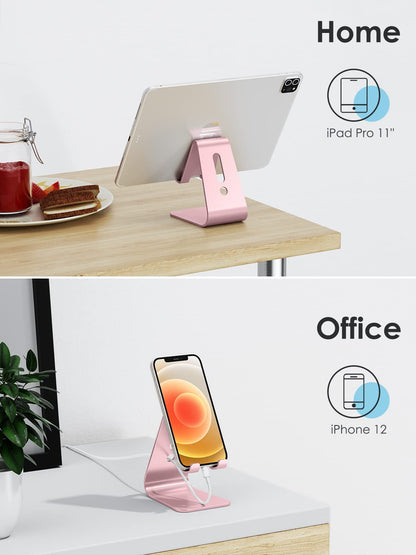 OMOTON Upgraded Aluminum Cell Phone Stand for Desk, C1 Durable Cellphone Dock with Protective Pads, Smart Stand Designed for iPhone17, 16/15/14/13 Pro Max Air, iPad mini, Android Phones,Rose Gold