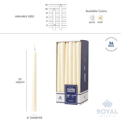 Royal Imports Unscented Taper Candles, Elegant Premium Quality, Dripless & Smokeless, Hand-Dipped Dinner Candles for Wedding, Holiday, Home Decor - 7 Hour Burn Time - Set of 36 (10 Inch, Ivory)