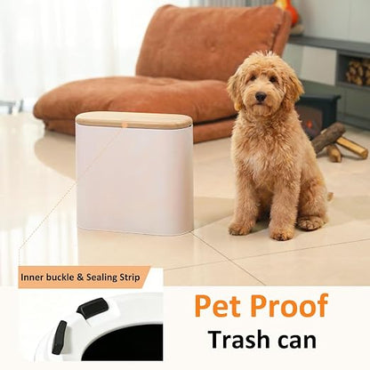 Small Bathroom Trash Can with Lid, 10L/2.6 Gal Slim Wastebasket - Odor & Pet Proof, Inner Bucket & Wood Grain Top, Plastic White Garbage Can for Kitchen, Bedroom, Living Room, Office, RV