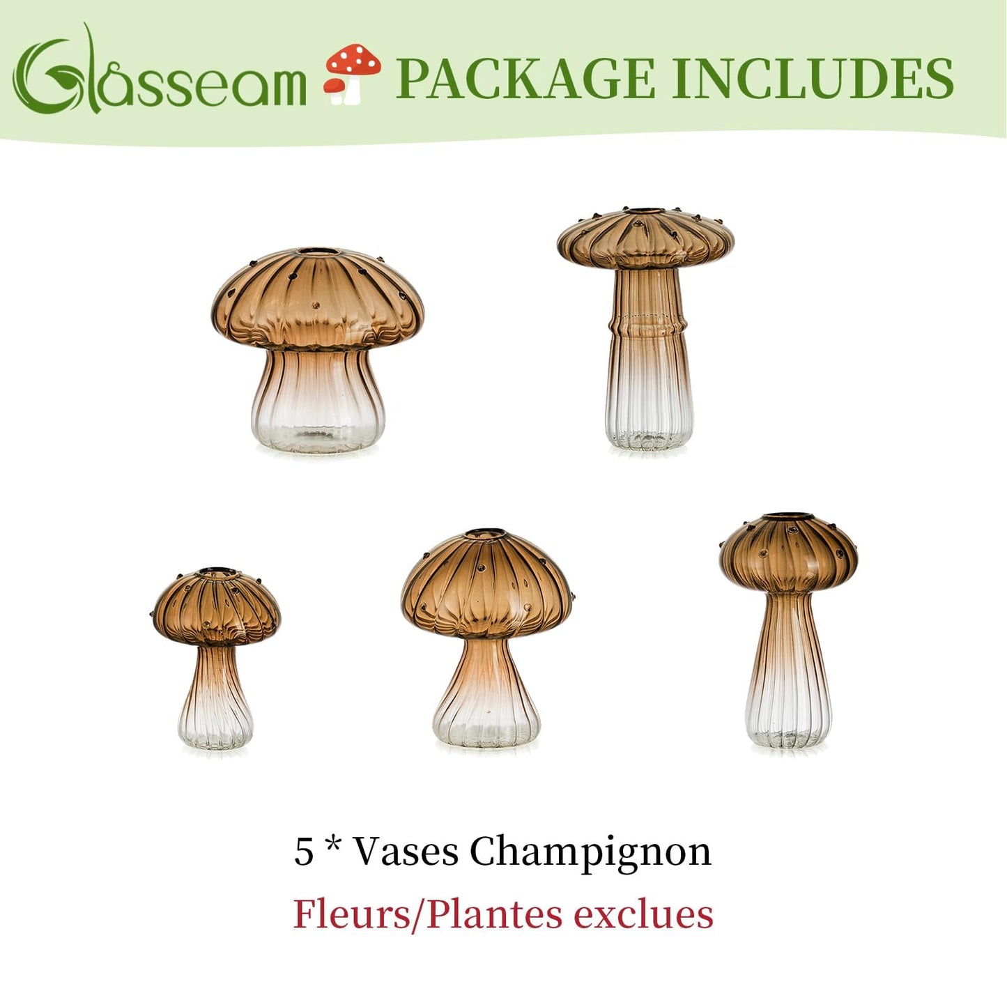 Glasseam Mushroom Plant Propagation Stations: Green Glass Terrarium Jar Set of 5 Cute Planters for Indoor Plants Mini Propagate Station Unique Christmas Birthday Gifts for Women Home Office Decor