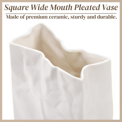 Pumtus Crinkle Paper Bag Ceramic Vase, 7.5 Inch Unique Flower Vase, White Matte Square Wide Mouth Pleated Planter, Minimalist Boho Pot for Flower Arrangement Table Centerpiece Home Office Decor