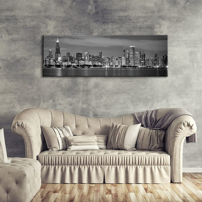 Wieco Art New York Manhattan Night View in Black and White Giclee Canvas Prints Modern Stretched and Framed Art work Cityscape Pictures Paintings on Canvas Wall Art for Bedroom Home Decorations