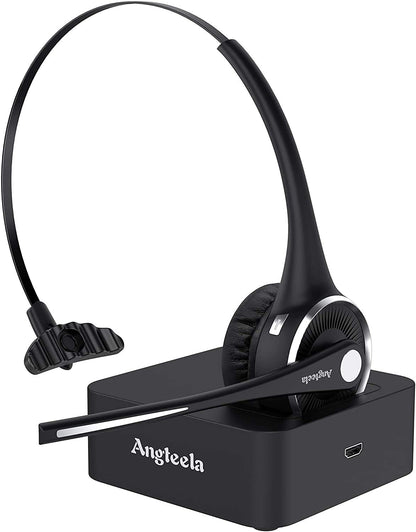 Angteela Trucker Bluetooth Headset with Microphone, Wireless Cell Phone Headset with Noise Canceling Mic Charging Base Mute Function for Home Office Call Center Skype (Black&Silver)