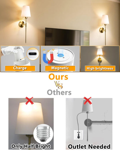 Adetu Wall Sconces Set of Two, Battery Operated Wall Sconce with 10000mAh RGB Dimmable Magnetic Bulbs and Remote, Rechargeable Wall Lights for Bedroom Living Room Hallway Decor