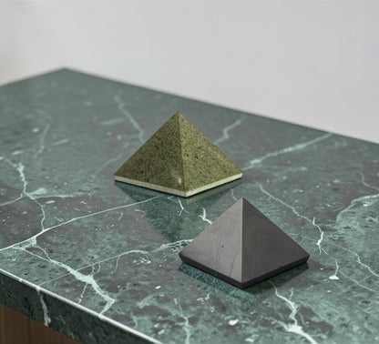 Karelian Heritage Shungite and Green Basalt Pyramid Set 2 Pack, Meditation Authentic Solid Stones, 2 Inch Polished Sacred Geometry Healing Crystals (Light Green)