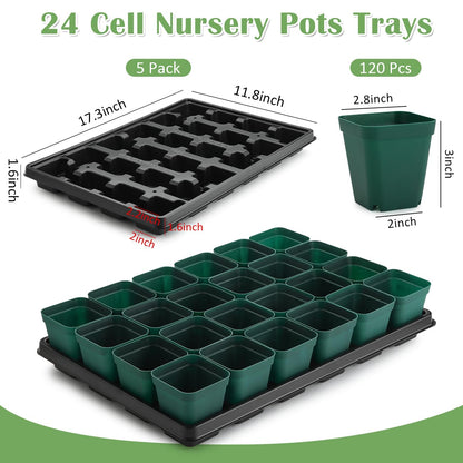 RooTrimmer 2.8 inch (7CM) Square Nursery Pots 120pcs (Green) and 24 Cell Nursery Pots Trays 5 Pack, Plastic Seedling Starter Tray with Drain Holes for Carrying and Holding Plant Pot(17"x11"x1.6")