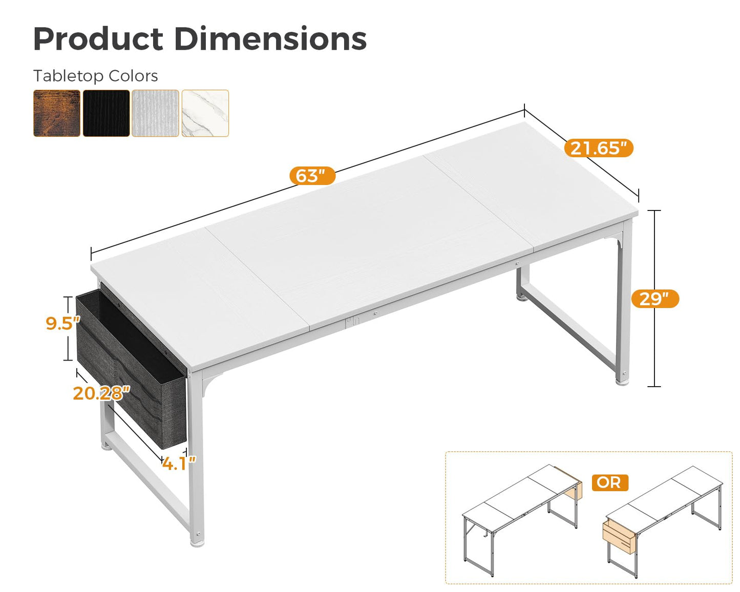 ODK Computer Desk Large Office Desk, 63 Inch Gaming Desk with Storage, Modern PC Work Table with Headphone Hook for Home Office, Splice Board, White + White Leg