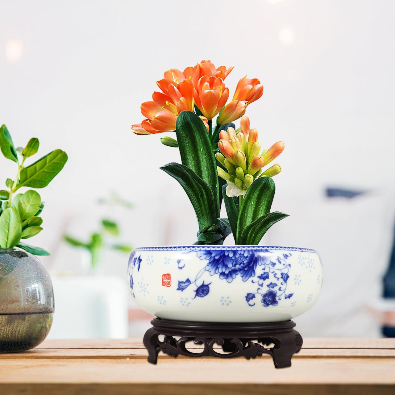 DOITOOL 7 Inch Lotus Bowl Planter Water Lily Pot with Stand, CactuSucculent Planters Cactus Hydroponic Container, Ceramic Blue and White Pots for Water Plants Lotus Flower Bonsai, No Drainage Hole
