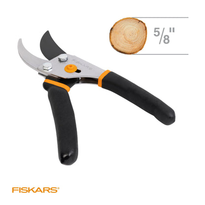 Fiskars Bypass Pruning Shears, 5/8" Cut Capacity Gardening Scissors, Self-Cleaning Sap Groove Prevents Sticking, Non-Slip Grip for Cutting Stems & Branches, Sharp Steel Blades w/ Low-Friction Coating