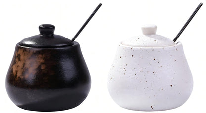 BOSILI Ceramic Sugar Jar Set of 2, Condiment Canisters with Lids and Spoons, Black and White Storage Containers for Sugar, Salt, Spices and Jam