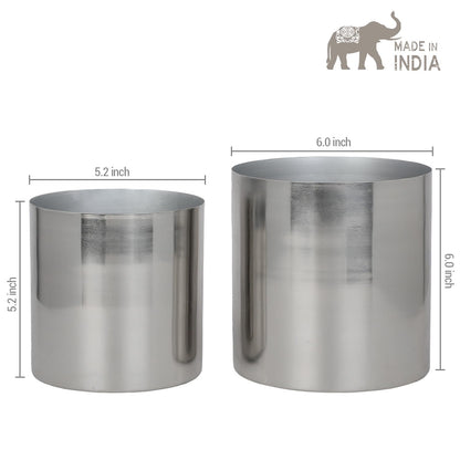 MyGift 5.2 and 6 Inch Round Handmade Shiny Silver Tone Metal Plant Pot Covers, Decorative Indoor Tabletop Houseplant Planter Containers, 2 Piece Set - Handcrafted in India