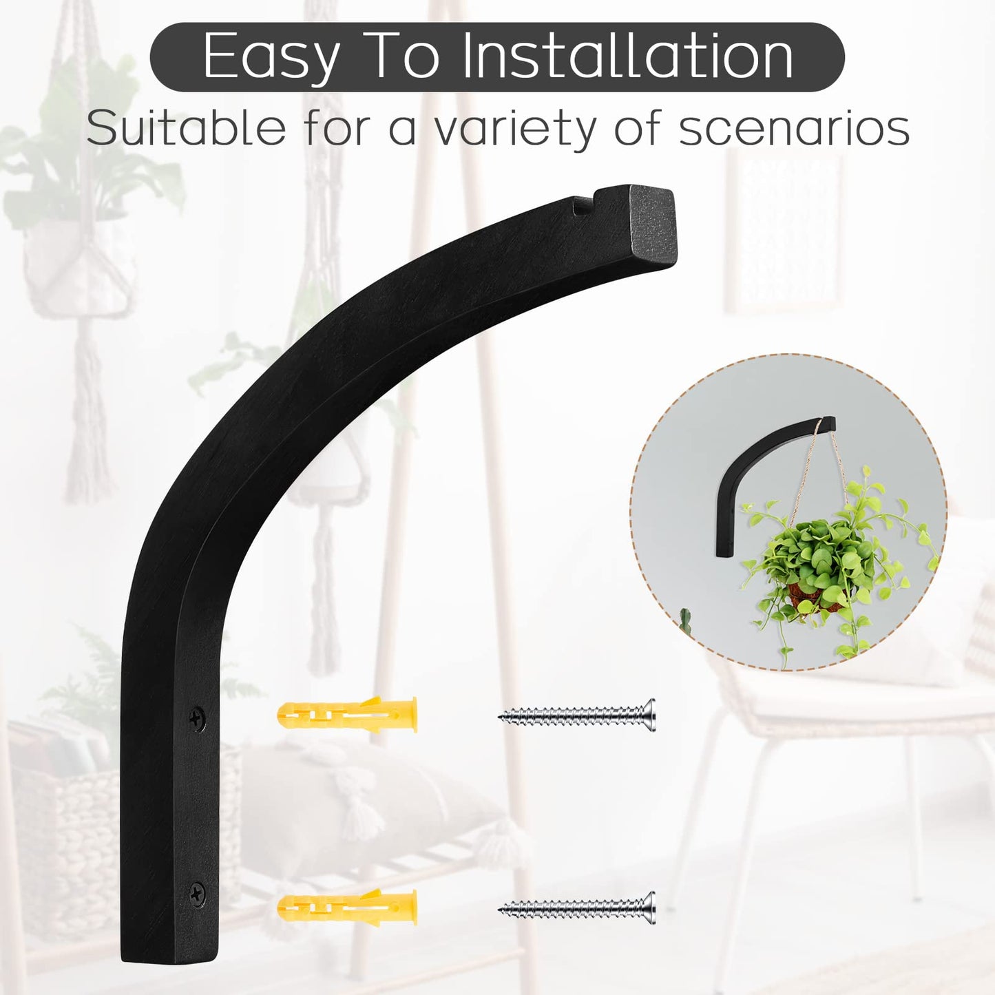 Juexica 4 Pcs Plant Hanger Wooden, 8 Inch Hanging Plant Hooks for Indoors and Outdoor, Wall Mounted Hanging Hook Brackets for Planters Lanterns Wind Chimes and Bird Feeders Patio Decor(Black)
