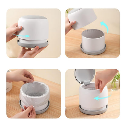 AIWE7D Small Desk mini Trash can Desktop Tiny Garbage can Office Waste Basket with lid with Bracket Home Office Bedroom Living Room Kitchen Garbage Sundries, Includes 90 Trash Bags(Beige-White)