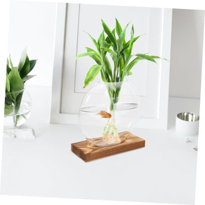 Kisangel Hydroponic Propagation Vase with Wooden Base Small Glass Terrarium Planter for Indoor Plants Decorative Desktop Garden Home Office Tea Ceremony Decor
