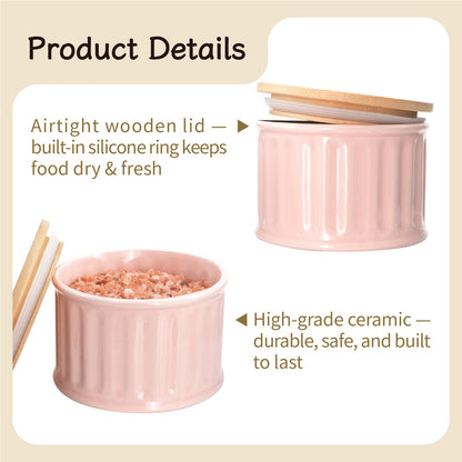 seicasaya Ceramic Condiment Pot with Bamboo Lid - 17oz Multi-purpose Seasoning Container for Salt, Sugar, Spices - Modern Striped Kitchen Countertop Storage Jar (Pink)