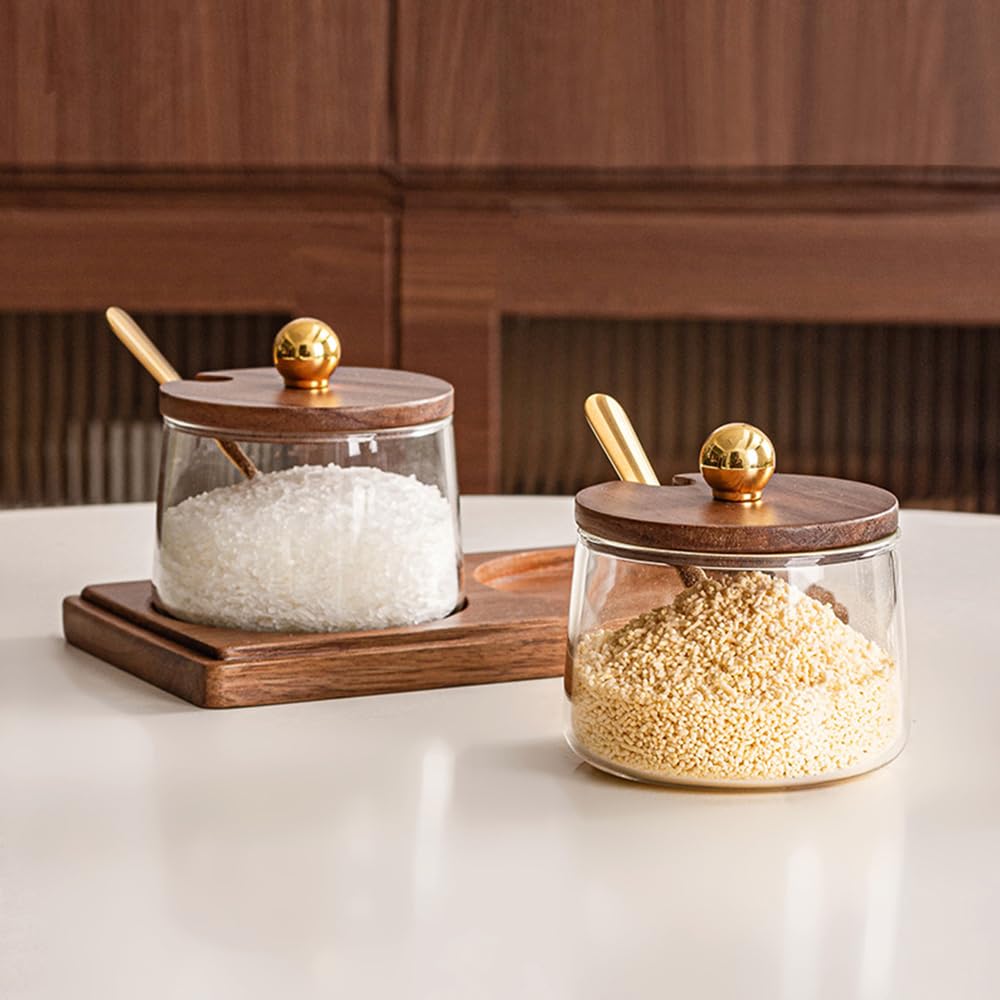 Condiment Containers Set with Acacia Wood Lids and Tray Seasoning Box Condiment Pots Jars with Spoons for Spice Salt Sugar Cruet (Gold Top, Single without Tray)