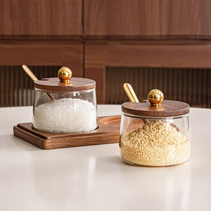 Condiment Containers Set with Acacia Wood Lids and Tray Seasoning Box Condiment Pots Jars with Spoons for Spice Salt Sugar Cruet (Gold Top, Single without Tray)